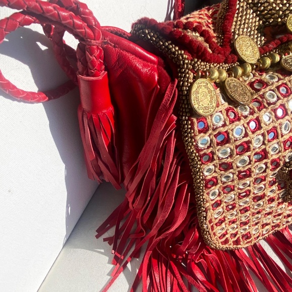 New NWOT Red Mogara Purse Bag Leather Beaded Fringe! - Picture 4 of 11